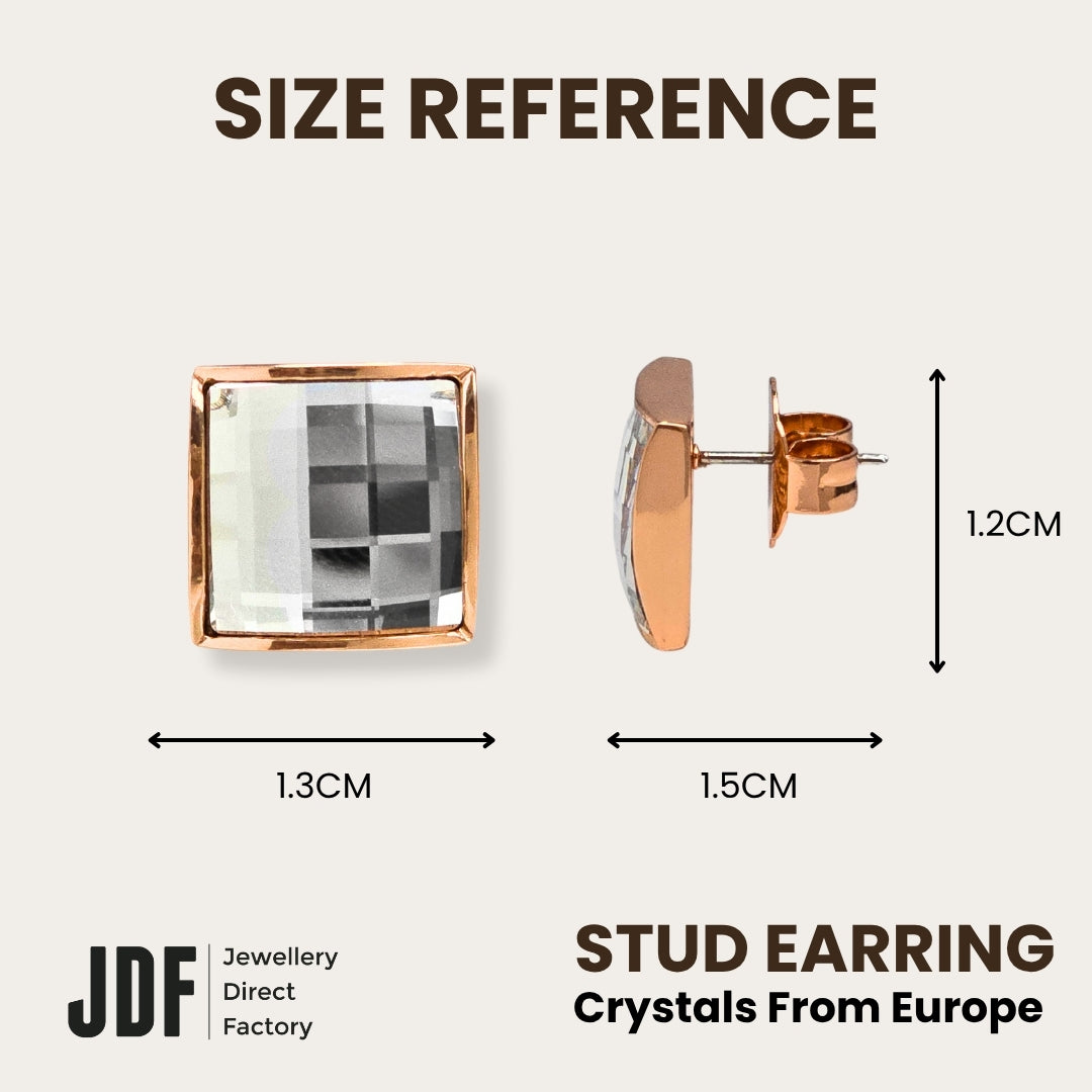 13mm Chessboard Square Earrings with Crystals from Europe, Crystal Earrings, Size Reference, Crystals from Europe, One-Year Warranty - Jewellery Direct Factory in alabaster background