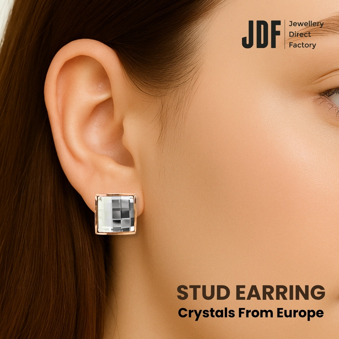 13mm Chessboard Square Earrings with Crystals from Europe, Crystal Earrings, Worn by Model, Crystals from Europe, One-Year Warranty - Jewellery Direct Factory in alabaster background