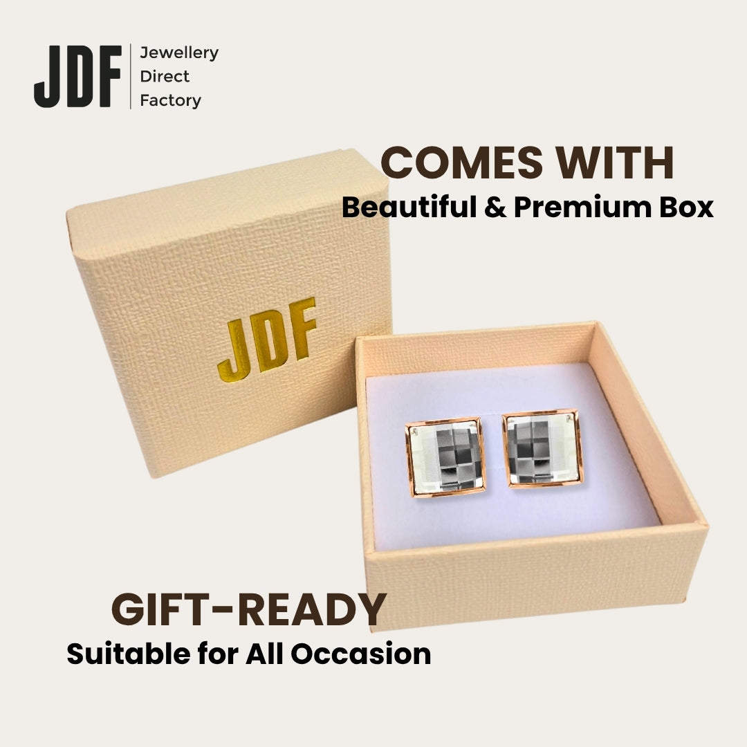 13mm Chessboard Square Earrings with Crystals from Europe, Crystal Earrings, Packaging Display, Crystals from Europe, One-Year Warranty - Jewellery Direct Factory in alabaster background