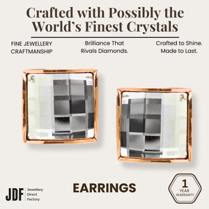 13mm Chessboard Square Earrings with Crystals from Europe, Crystal Earrings, White, Crystals from Europe, One-Year Warranty - Jewellery Direct Factory in alabaster background