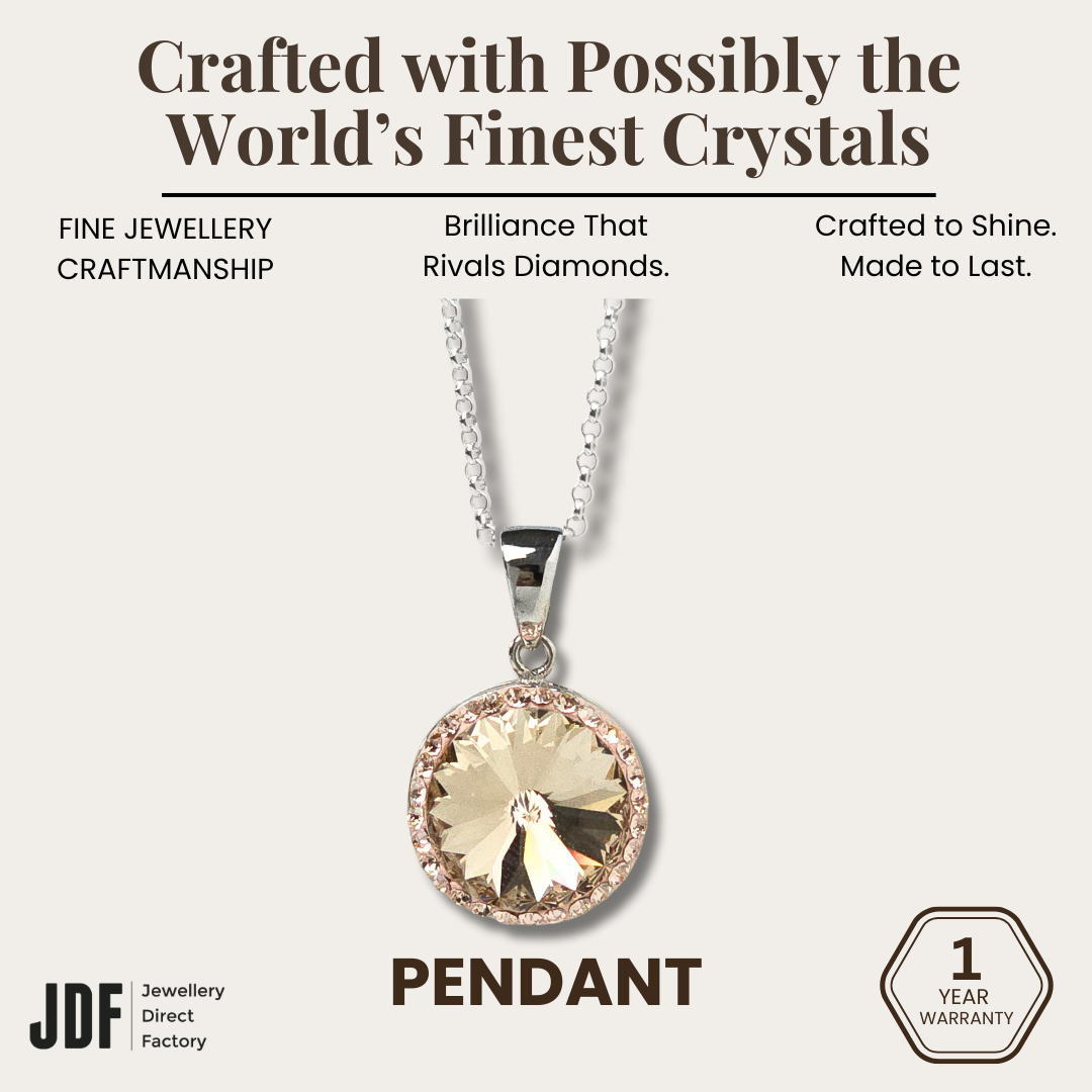14mm Rivoli SW Rosegold Pendant with Crystal From Europe, Crystal Pendant, Rose Gold, Crystal From Europe, One-Year Warranty - Jewellery Direct Factory in alabaster background
