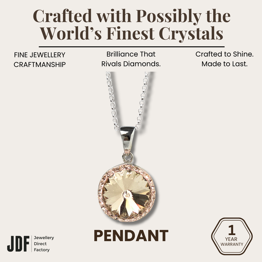14mm Rivoli SW Rosegold Pendant with Crystal From Europe, Crystal Pendant, Rose Gold, Crystal From Europe, One-Year Warranty - Jewellery Direct Factory in alabaster background