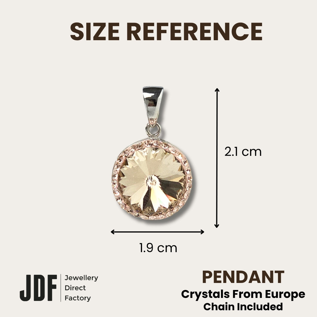 14mm Rivoli SW Rosegold Pendant with Crystal From Europe, Crystal Pendant, Size Reference, Rose Gold, Crystal From Europe, One-Year Warranty - Jewellery Direct Factory in alabaster background