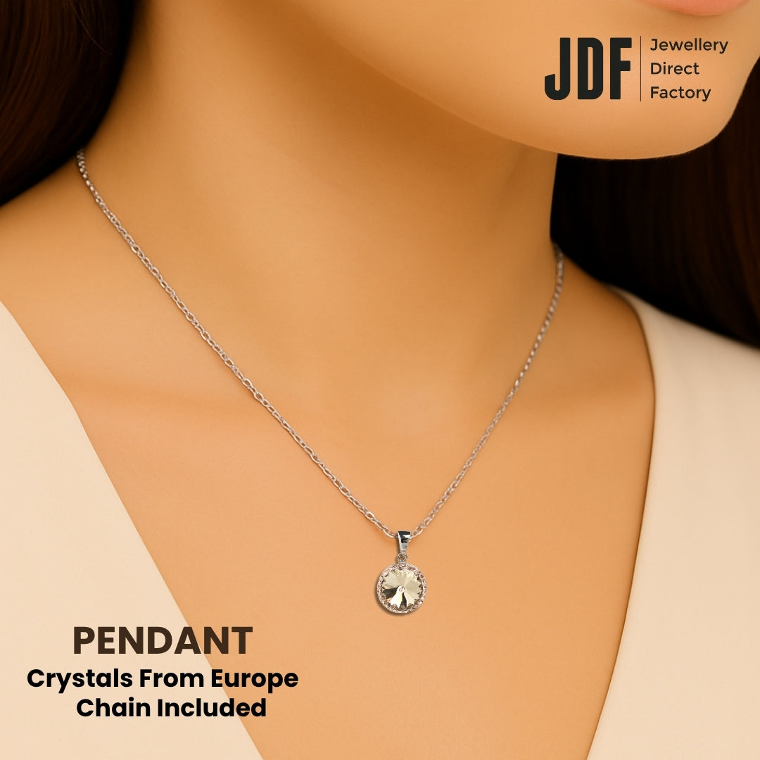 14mm Rivoli SW Rosegold Pendant with Crystal From Europe, Crystal Pendant, Worn by Woman Model, Rose Gold, Crystal From Europe, One-Year Warranty - Jewellery Direct Factory in alabaster background