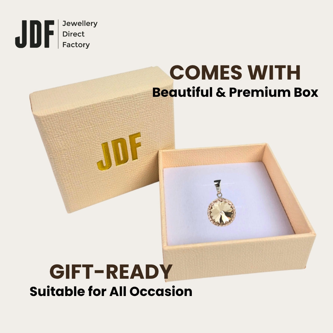 14mm Rivoli SW Rosegold Pendant with Crystal From Europe, Crystal Pendant, Inside Jewellery Box Packaging, Rose Gold, Crystal From Europe, One-Year Warranty - Jewellery Direct Factory in alabaster background