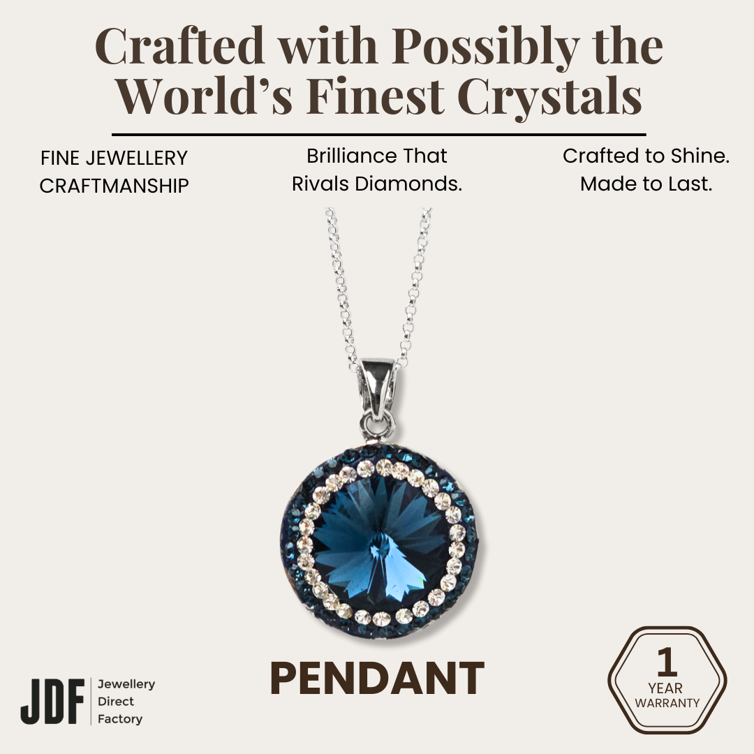 18mm Rivoli SW Blue Pendant with Crystal From Europe, Crystal Pendant, Blue, Crystal From Europe, One-Year Warranty - Jewellery Direct Factory in alabaster background