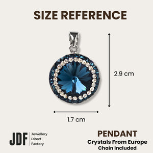 18mm Rivoli SW Blue Pendant with Crystal From Europe, Crystal Pendant, Size Reference, Blue, Crystal From Europe, One-Year Warranty - Jewellery Direct Factory in alabaster background