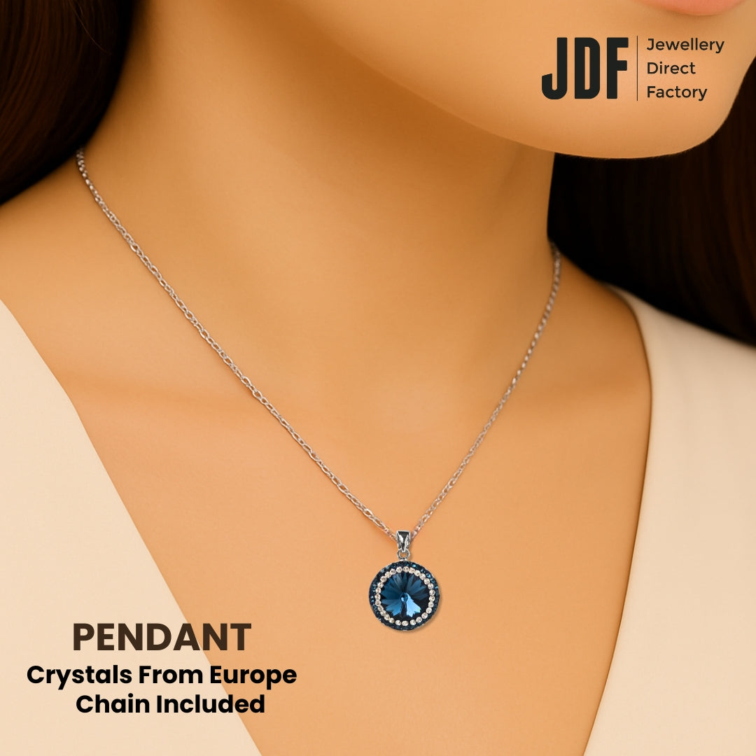 18mm Rivoli SW Blue Pendant with Crystal From Europe, Crystal Pendant, Worn by Woman Model, Blue, Crystal From Europe, One-Year Warranty - Jewellery Direct Factory in alabaster background