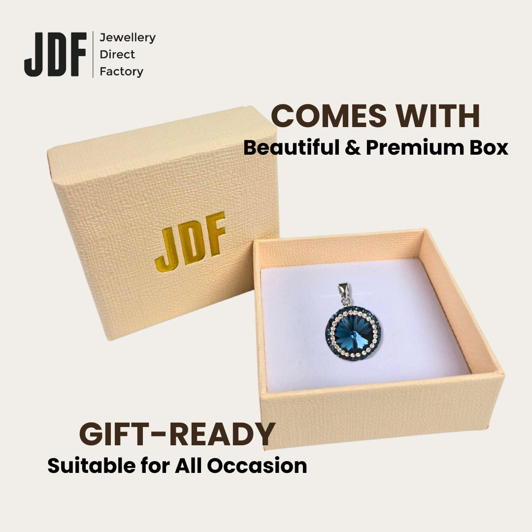 18mm Rivoli SW Blue Pendant with Crystal From Europe, Crystal Pendant, Inside Jewellery Box Packaging, Blue, Crystal From Europe, One-Year Warranty - Jewellery Direct Factory in alabaster background