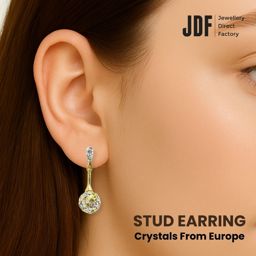 8mm Lollipop Dangling Earring with Crystals from Europe, Crystal Earrings, Worn by Model, Crystals from Europe, One-Year Warranty - Jewellery Direct Factory in alabaster background
