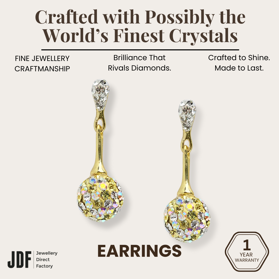 8mm Lollipop Dangling Earring with Crystals from Europe, Crystal Earrings, Gold, Crystals from Europe, One-Year Warranty - Jewellery Direct Factory in alabaster background