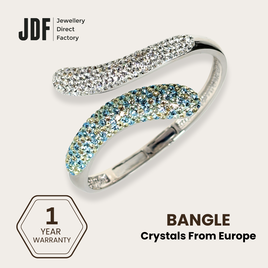 Dazzle Duo European Crystal Bangle, Crystal Bangle, Aqua, Crystal From Europe, One-Year Warranty - Jewellery Direct Factory in alabaster background