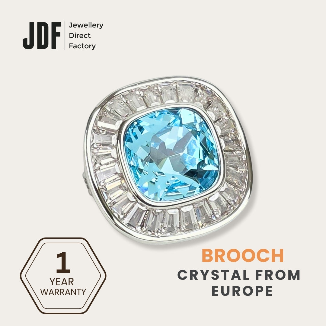 Elegant Square Brooch with Crystal From Europe, Brooch, Aqua, Crystals from Europe, One-Year Warranty - Jewellery Direct Factory in alabaster background