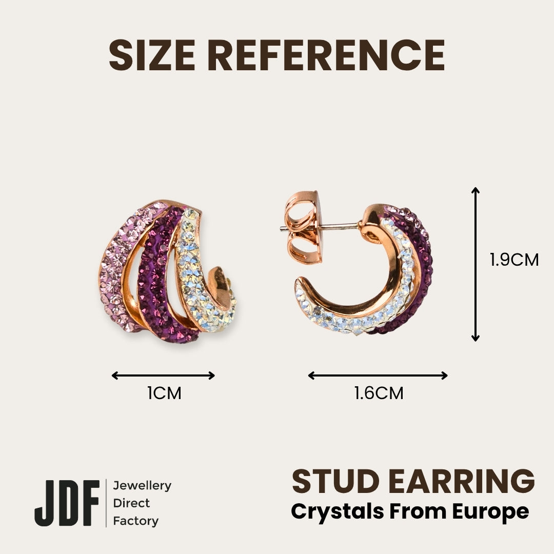 Aurora Curve Stud Earrings with Crystals from Europe, Crystal Earrings, Size Reference, Crystals from Europe, One-Year Warranty - Jewellery Direct Factory in alabaster background