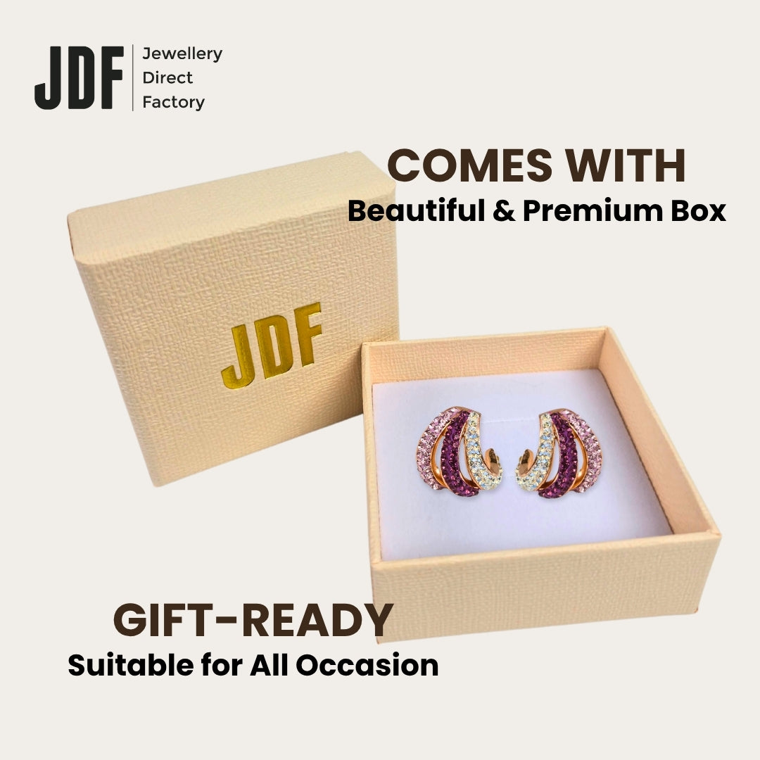 Aurora Curve Stud Earrings with Crystals from Europe, Crystal Earrings, Packaging Display, Crystals from Europe, One-Year Warranty - Jewellery Direct Factory in alabaster background