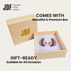 Aurora Curve Stud Earrings with Crystals from Europe, Crystal Earrings, Packaging Display, Crystals from Europe, One-Year Warranty - Jewellery Direct Factory in alabaster background