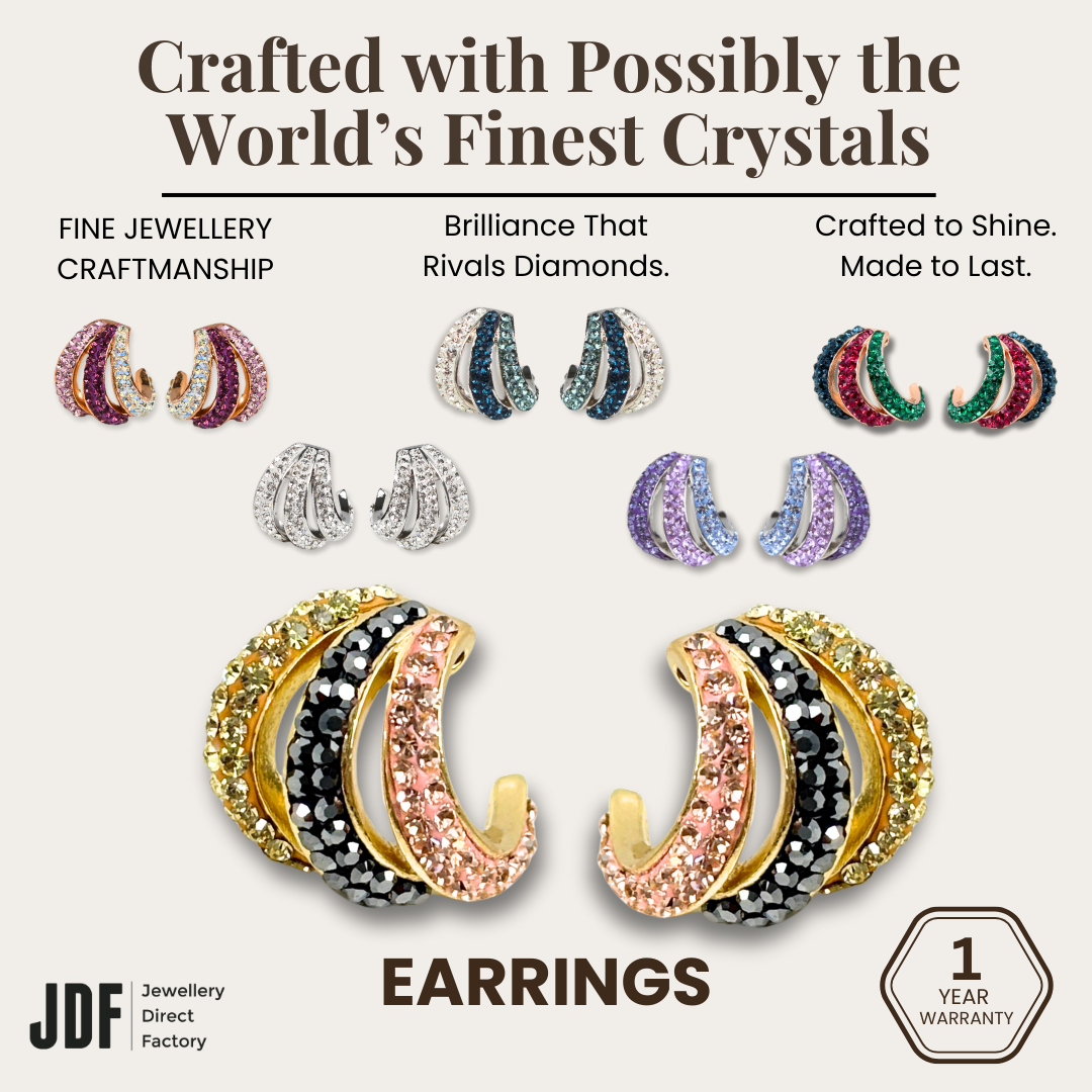 Aurora Curve Stud Earrings with Crystals from Europe, Crystal Earrings, White, Blue, Lavender, Purple, Rose Gold, Yellow Gold, Crystals from Europe, One-Year Warranty - Jewellery Direct Factory in alabaster background