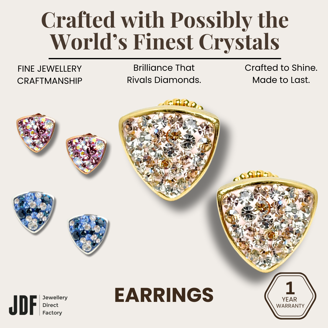 Aurora Shield Earrings with Crystals From Europe, Crystal Earrings, Blue, White, Purple, Crystals From Europe, One-Year Warranty - Jewellery Direct Factory in alabaster background