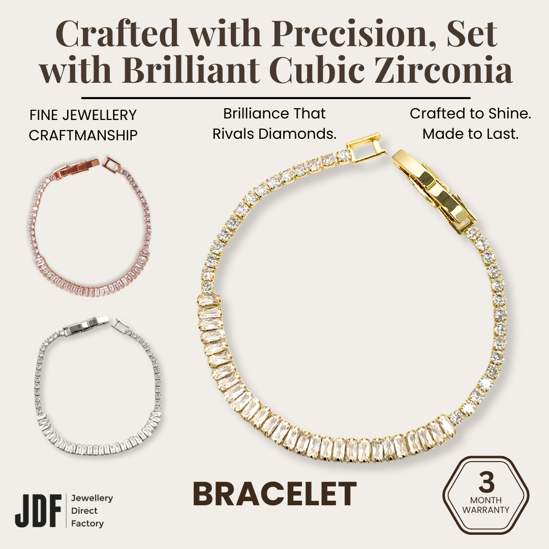 Baguette Round-Cut Bracelet with Cubic Zirconia, Crystal Bracelet, White Rose Gold Gold, Cubic Zirconia, Three-Month Warranty - Jewellery Direct Factory in alabaster background