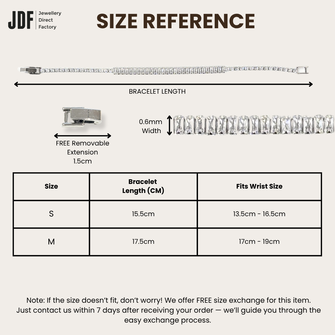 Baguette Round-Cut Bracelet with Cubic Zirconia, Crystal Bracelet, Size Reference, Cubic Zirconia, Three-Month Warranty - Jewellery Direct Factory in alabaster background