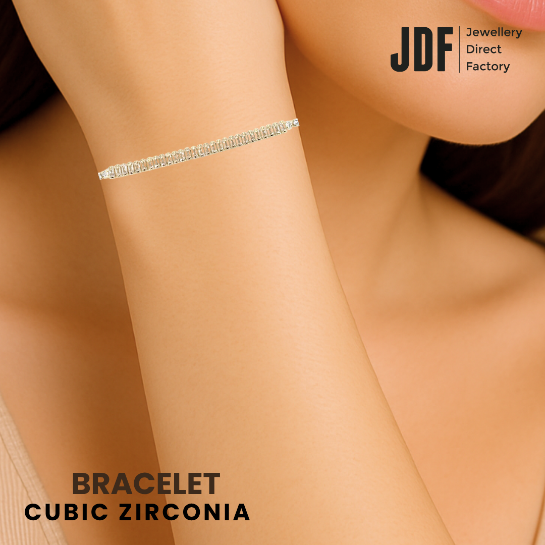 Baguette Round-Cut Bracelet with Cubic Zirconia, Crystal Bracelet, Worn by Woman Model, Cubic Zirconia, Three-Month Warranty - Jewellery Direct Factory in alabaster background