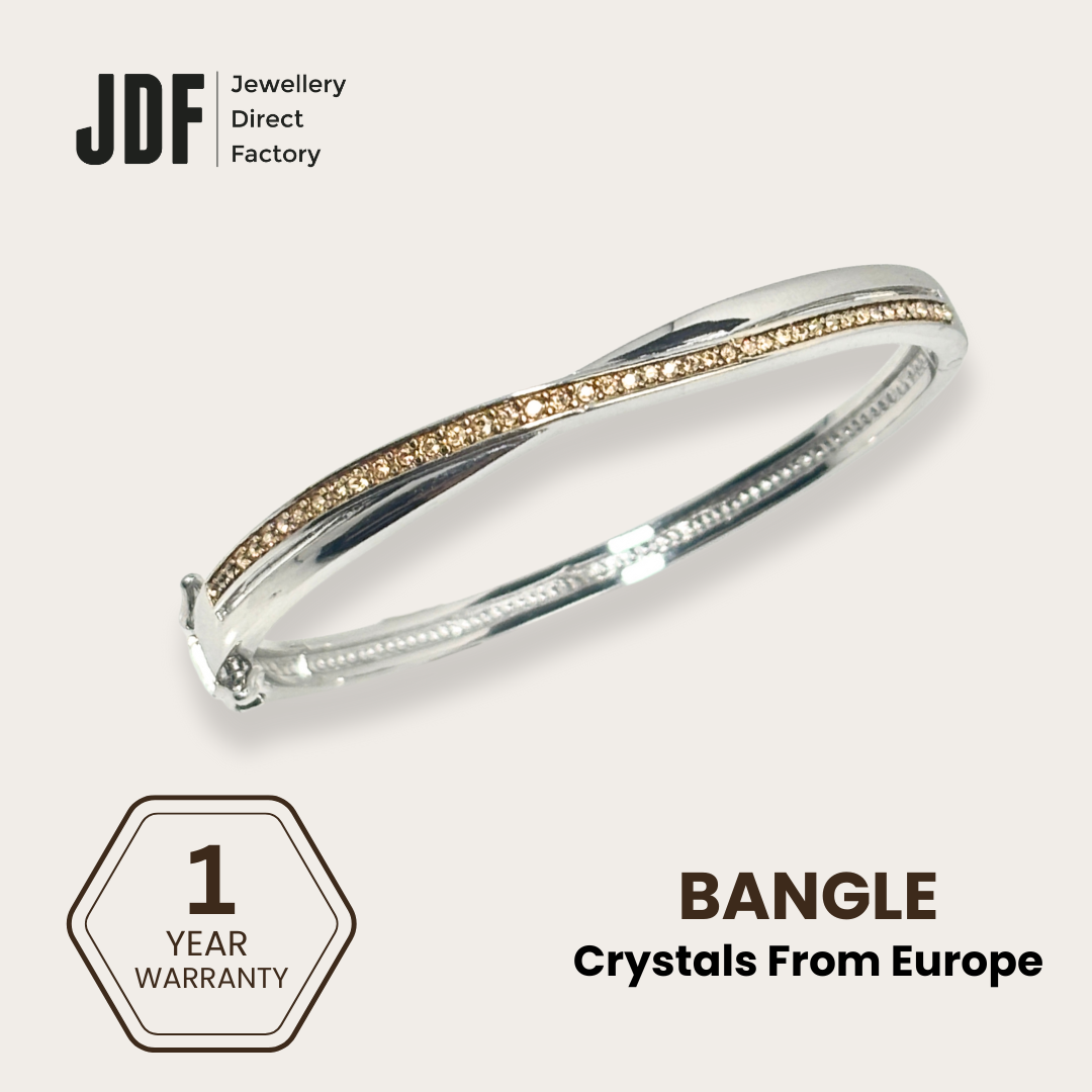 Grace Hinge Bangle with European Crystals, Crystal Bangle, Beige, Crystals From Europe, One-Year Warranty - Jewellery Direct Factory in alabaster background