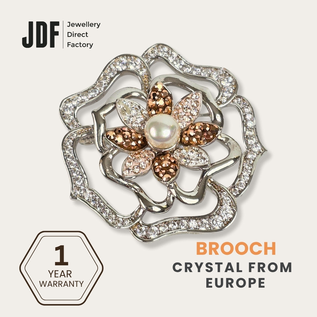 Luxurious Flower Brooch with Crystals from Europe, Brooch, Beige, Crystals from Europe, One-Year Warranty - Jewellery Direct Factory in alabaster background
