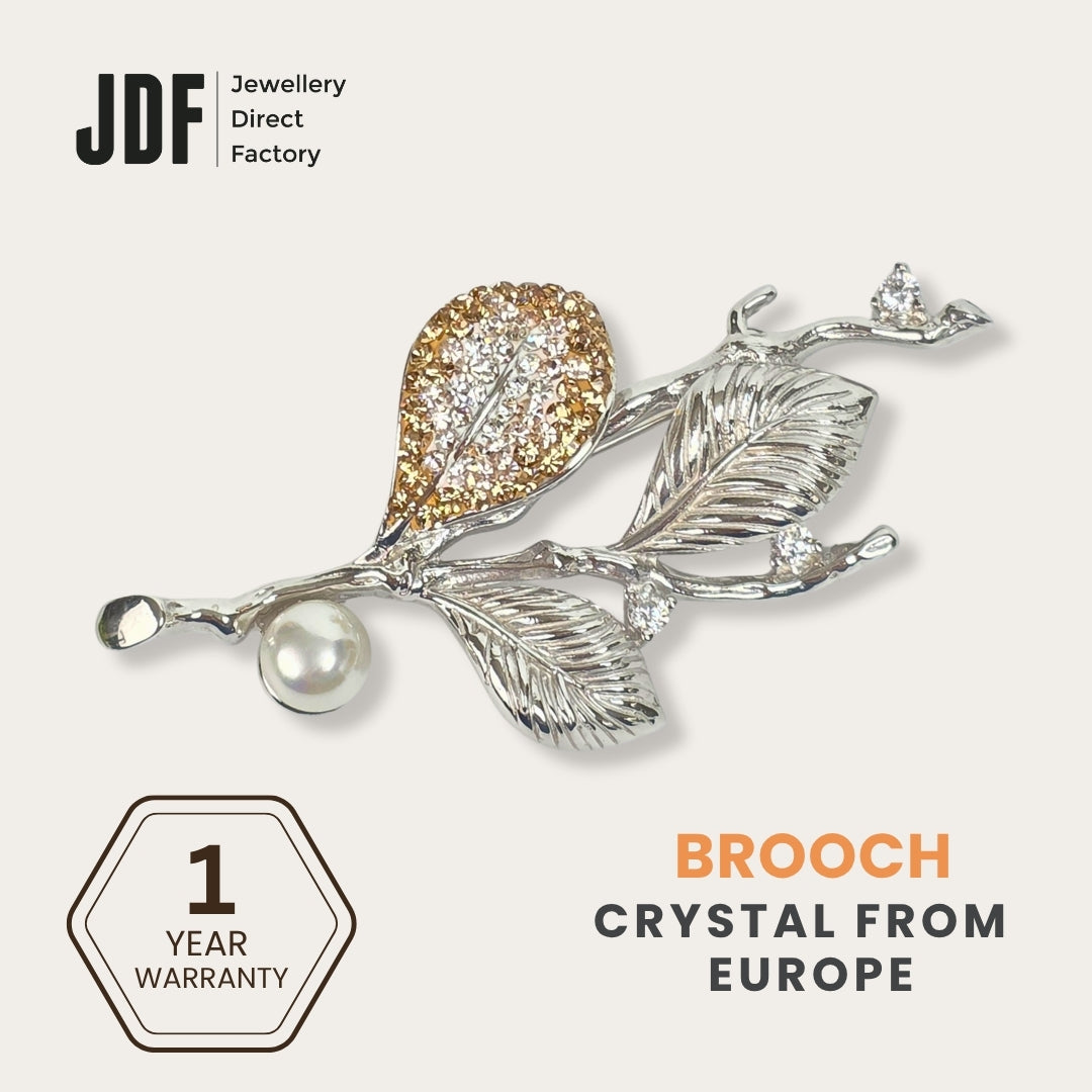 Pearl Leaves Brooch with Crystal From Europe, Brooch, Beige, Crystals from Europe, One-Year Warranty - Jewellery Direct Factory in alabaster background
