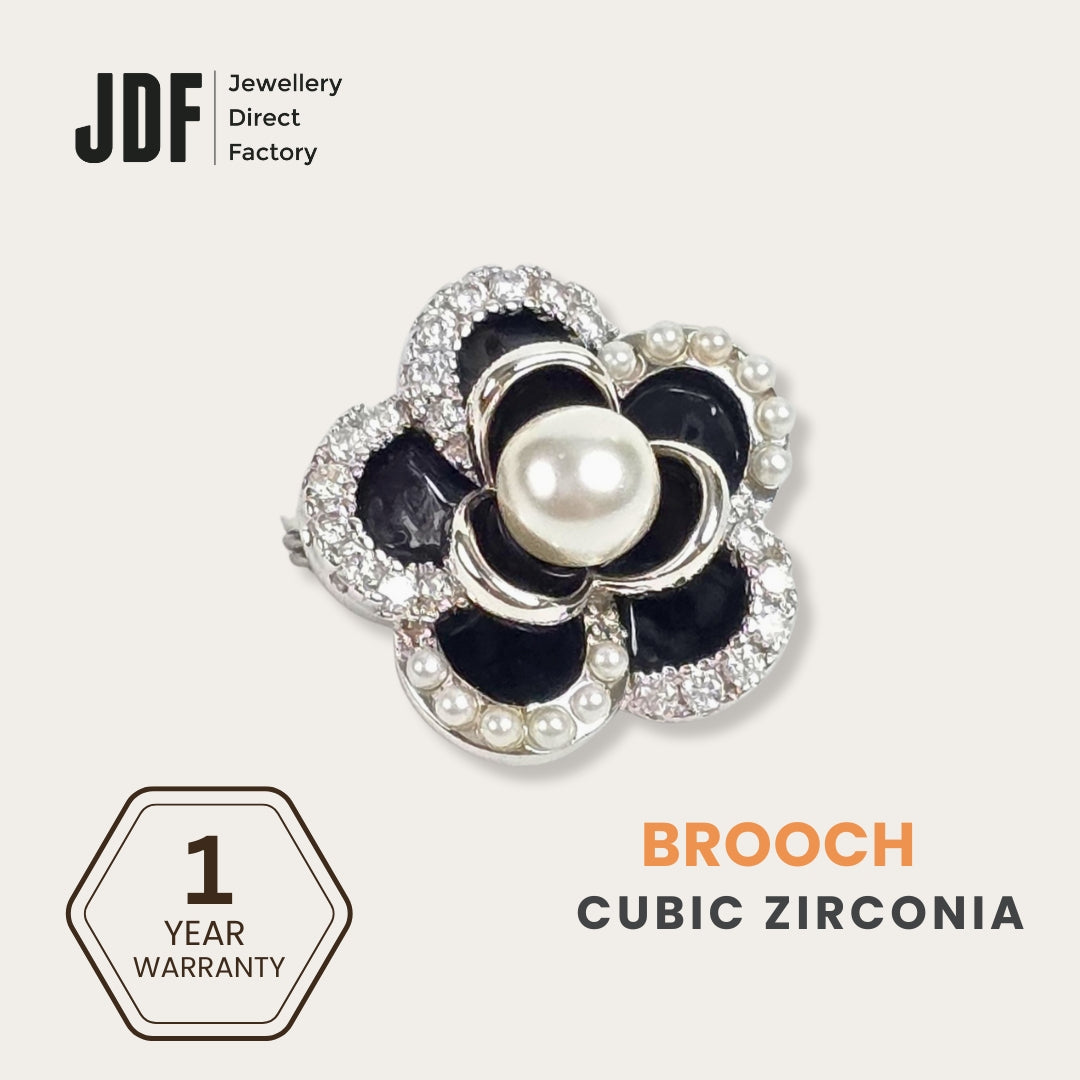 Black Camellia Pearl Brooch with Crystal From Europe, Brooch, Black, Crystals from Europe, One-Year Warranty - Jewellery Direct Factory in alabaster background Angle 1