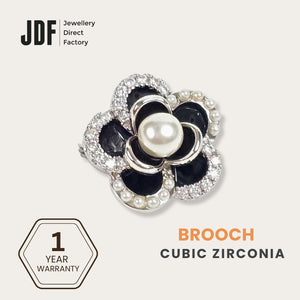 Black Camellia Pearl Brooch with Crystal From Europe, Brooch, Black, Crystals from Europe, One-Year Warranty - Jewellery Direct Factory in alabaster background Angle 1