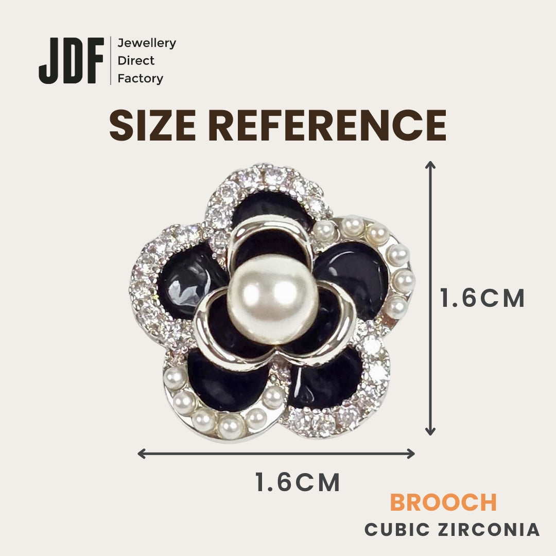 Black Camellia Pearl Brooch with Crystal From Europe, Brooch, Size Reference, Crystals from Europe, One-Year Warranty - Jewellery Direct Factory in alabaster background