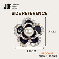 Black Camellia Pearl Brooch with Crystal From Europe, Brooch, Size Reference, Crystals from Europe, One-Year Warranty - Jewellery Direct Factory in alabaster background