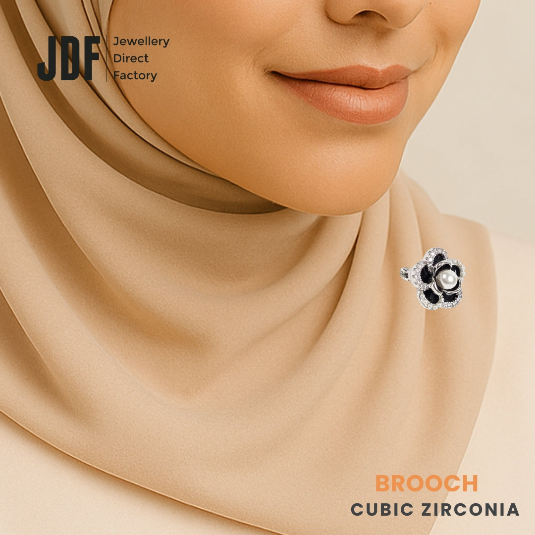 Black Camellia Pearl Brooch with Crystal From Europe, Brooch, Worn on Tudung by Model, Crystals from Europe, One-Year Warranty - Jewellery Direct Factory in alabaster background