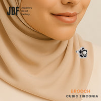 Black Camellia Pearl Brooch with Crystal From Europe, Brooch, Worn on Tudung by Model, Crystals from Europe, One-Year Warranty - Jewellery Direct Factory in alabaster background