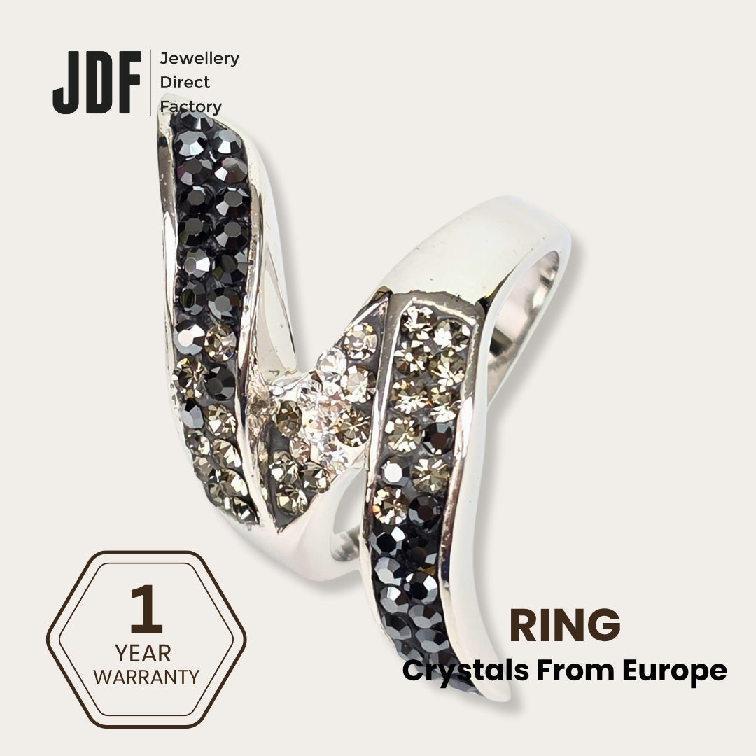 Elegant Swirl Ring with Crystals From Europe, Crystal Ring, Black, Crystals From Europe, One-Year Warranty - Jewellery Direct Factory in alabaster background