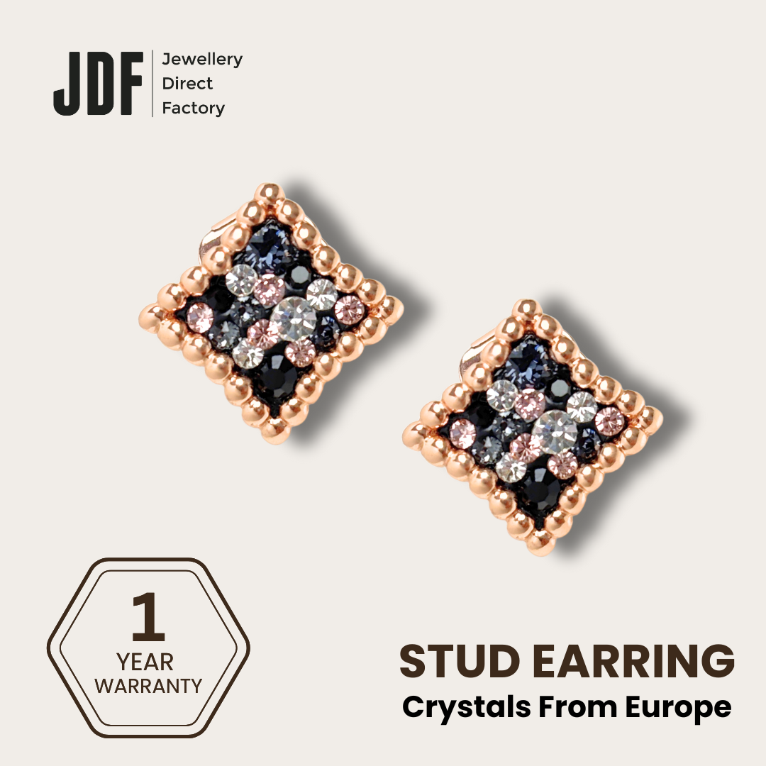 European Diamond Stud with Crystal From Europe, Crystal Earrings, Black, Crystal From Europe, One-Year Warranty - Jewellery Direct Factory in alabaster background