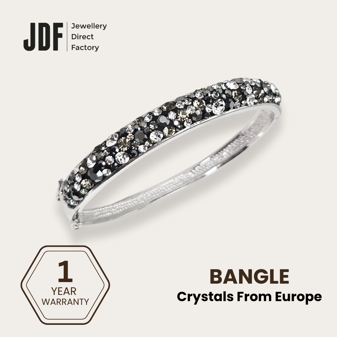 Luminous Pavé Hinge Bangle with Crystal From Europe, Crystal Bangle, Black, Crystal From Europe, One-Year Warranty - Jewellery Direct Factory in alabaster background