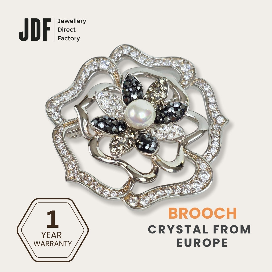Luxurious Flower Brooch with Crystals from Europe, Brooch, Black, Crystals from Europe, One-Year Warranty - Jewellery Direct Factory in alabaster background