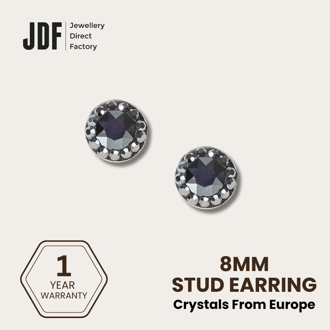 Mini Halo Round Stud Earrings with Crystals from Europe, Crystal Earrings, Black, Crystals from Europe, One-Year Warranty - Jewellery Direct Factory in alabaster background