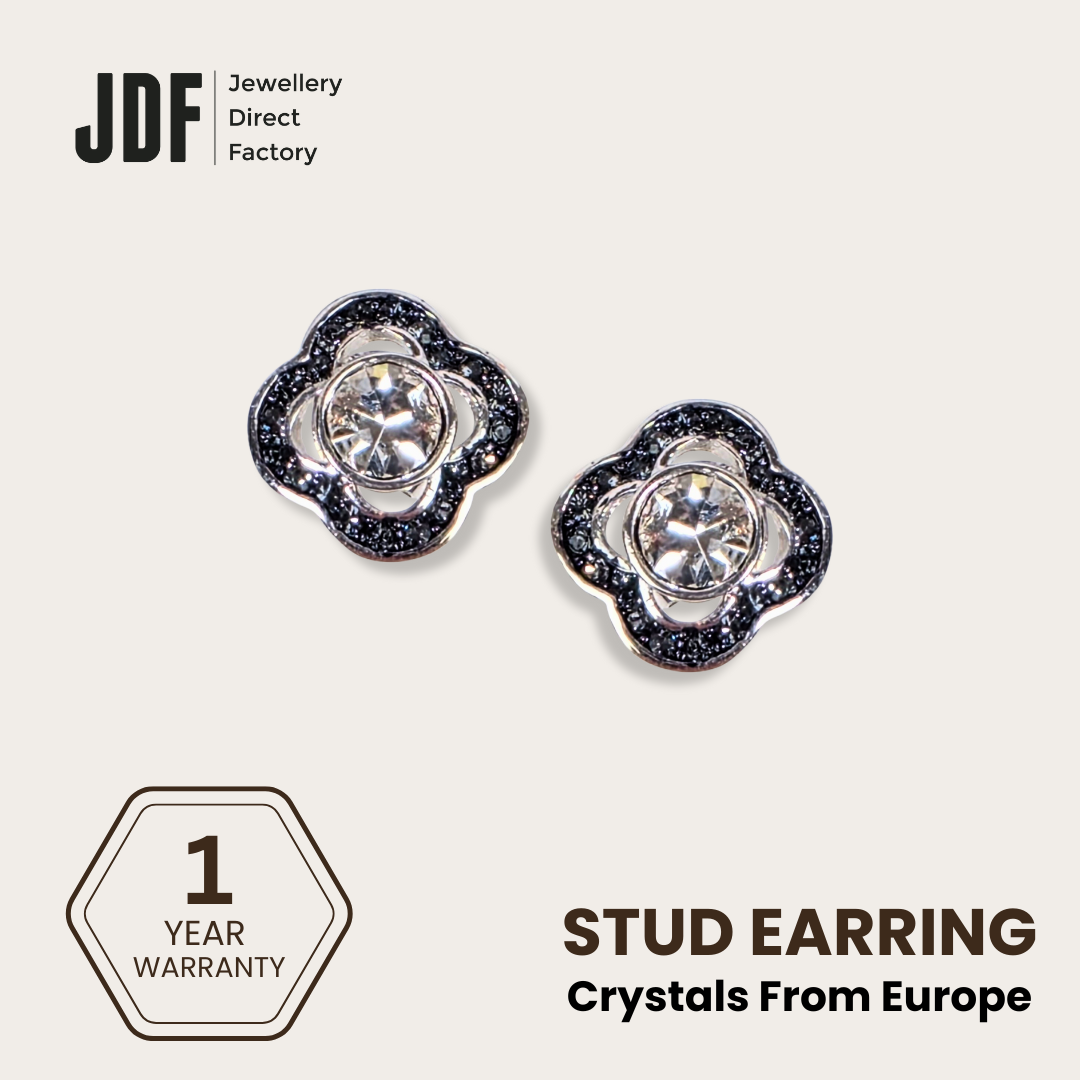 Quatrefoil Solitaire Stud Earrings, Earrings, Black, Crystals from Europe, One-Year Warranty - Jewellery Direct Factory in alabaster background
