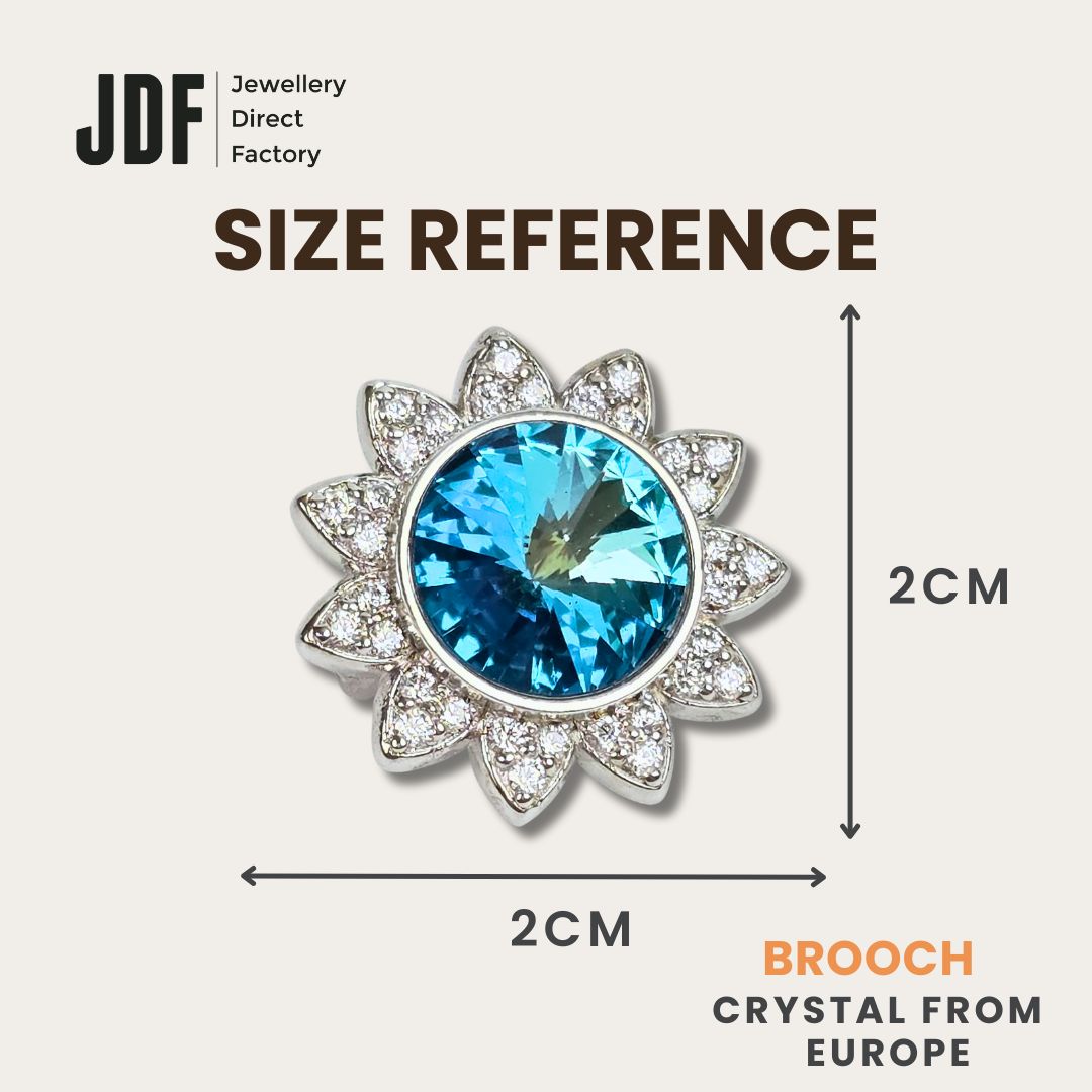 Blooming Sunflower Brooch with Crystals from Europe, Brooch, Size Reference, Crystals from Europe, One-Year Warranty - Jewellery Direct Factory in alabaster background