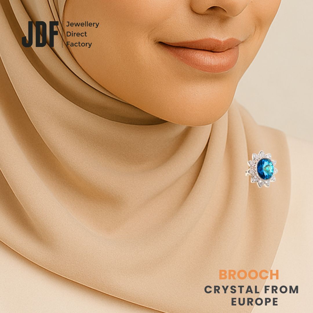 Blooming Sunflower Brooch with Crystals from Europe, Brooch, Worn on Tudung by Model, Crystals from Europe, One-Year Warranty - Jewellery Direct Factory in alabaster background