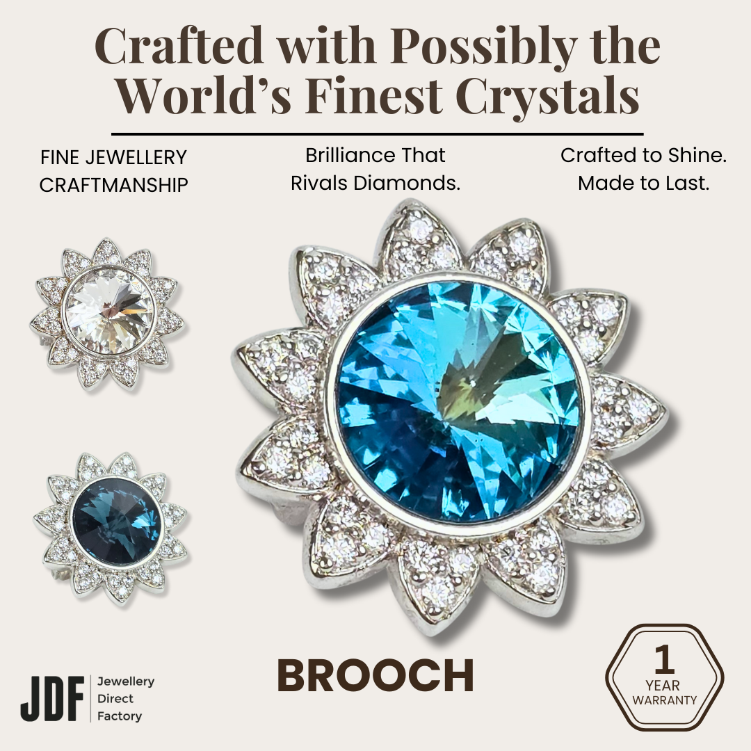 Blooming Sunflower Brooch with Crystals from Europe, Brooch, Blue Zircon, Dark Blue, White, Crystals from Europe, One-Year Warranty - Jewellery Direct Factory in alabaster background