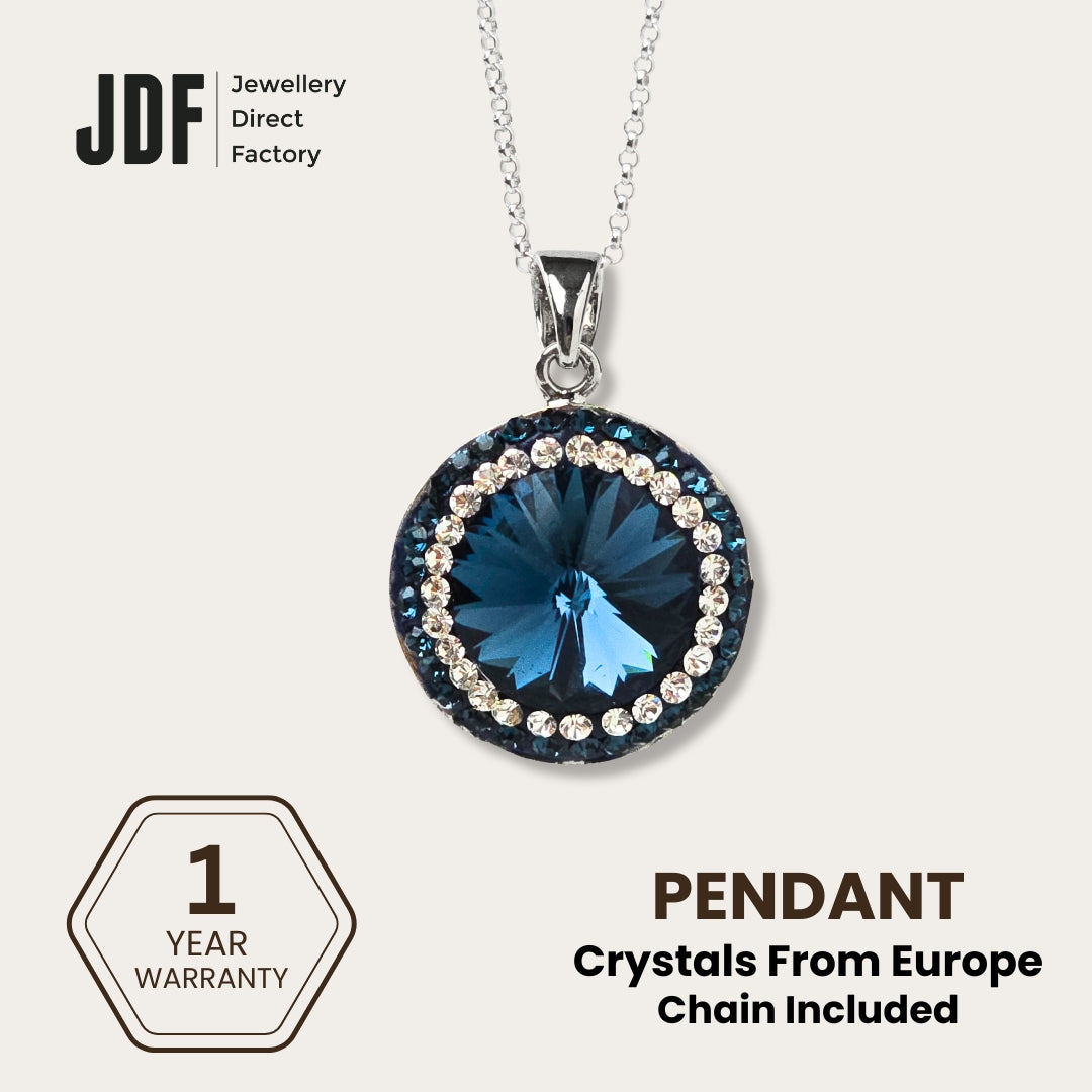 18mm Rivoli SW Blue Pendant with Crystal From Europe, Crystal Pendant, Blue, Crystal From Europe, One-Year Warranty - Jewellery Direct Factory in alabaster background