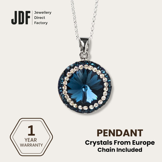 18mm Rivoli SW Blue Pendant with Crystal From Europe, Crystal Pendant, Blue, Crystal From Europe, One-Year Warranty - Jewellery Direct Factory in alabaster background