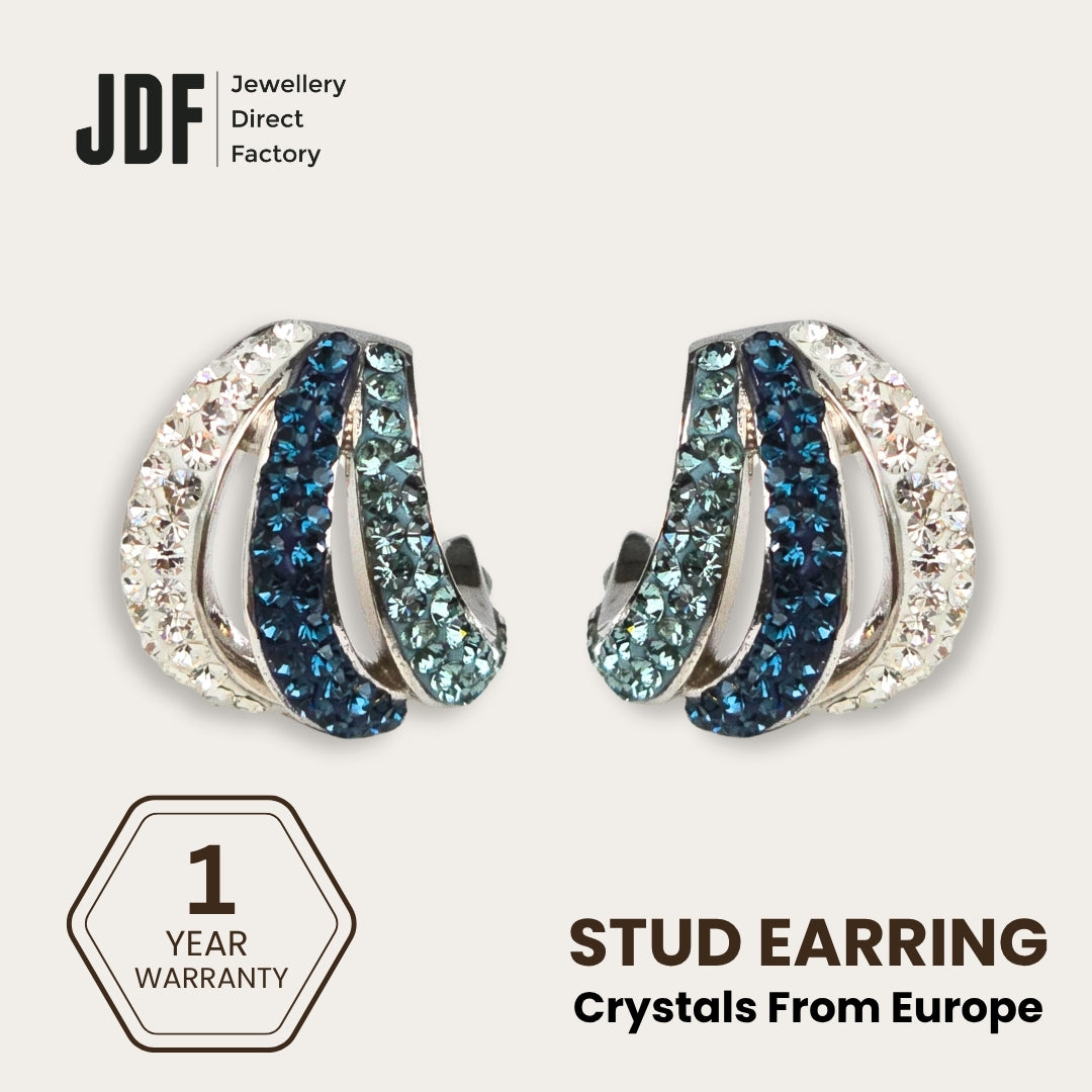 Aurora Curve Stud Earrings with Crystals from Europe, Crystal Earrings, Blue, Crystals from Europe, One-Year Warranty - Jewellery Direct Factory in alabaster background