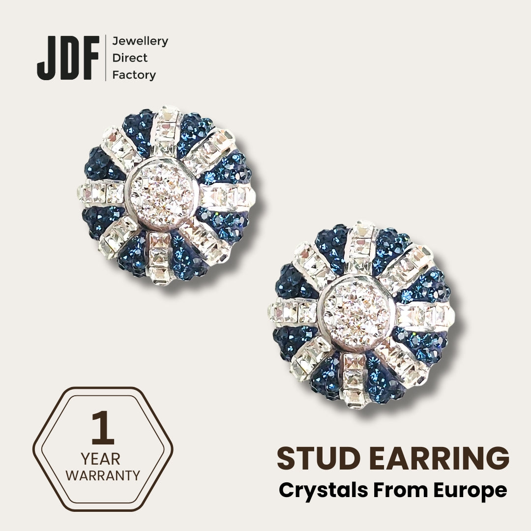 Crown Elegant Omega Claps Earrings with Crystals from Europe, Crystal Earrings, Blue, Crystals from Europe, One-Year Warranty - Jewellery Direct Factory in alabaster background