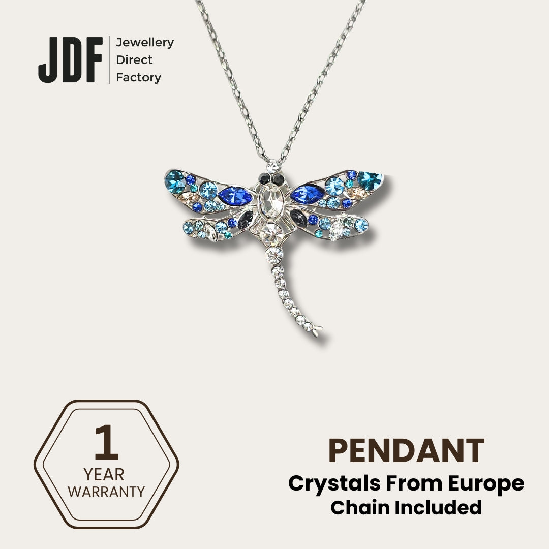 Dragonfly Pendant with Crystal From Europe, Crystal Pendant, Blue, Crystal From Europe, One-Year Warranty - Jewellery Direct Factory in alabaster background