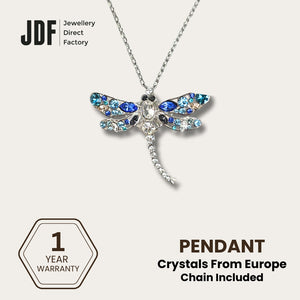 Dragonfly Pendant with Crystal From Europe, Crystal Pendant, Blue, Crystal From Europe, One-Year Warranty - Jewellery Direct Factory in alabaster background