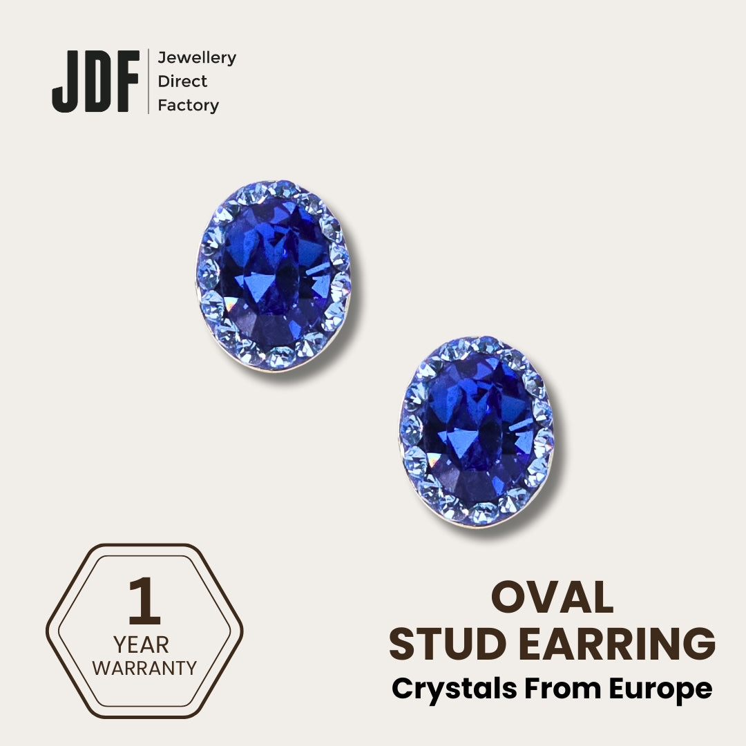 Elegant Oval Stud Earrings with Crystals from Europe, Crystal Earrings, Blue, Crystals from Europe, One-Year Warranty - Jewellery Direct Factory in alabaster background